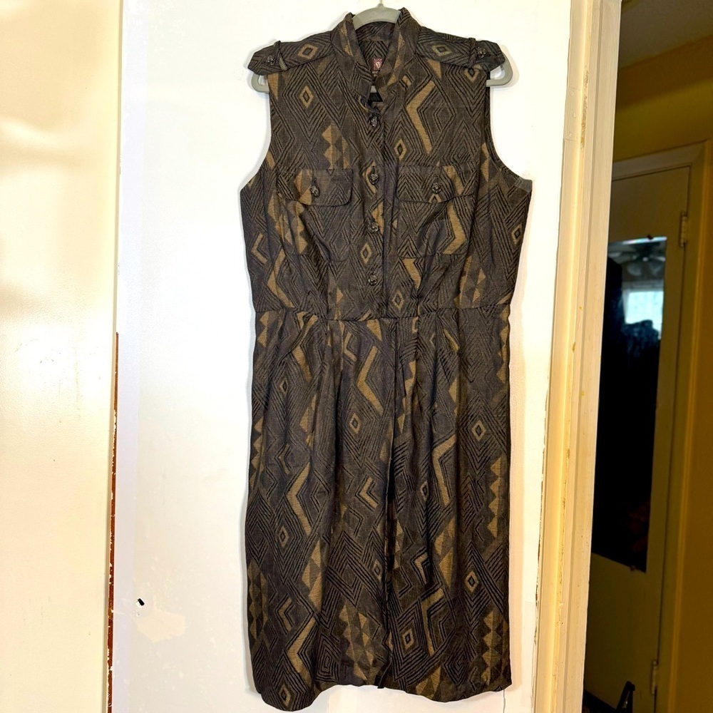 Ann Taylor Brown Safari Abstract Printed Midi Wrap Dress w/Mandarin Collar